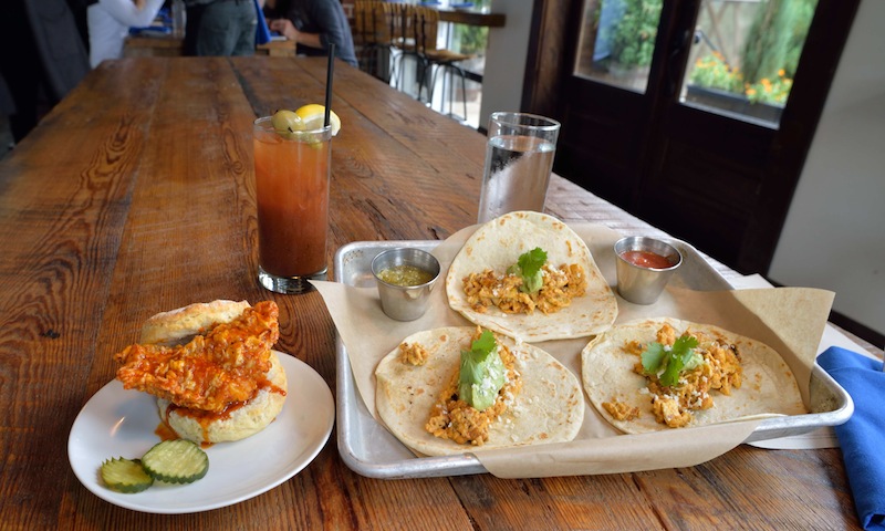 The hot chicken biscuit and breakfast tacos are must orders at Ladybird.