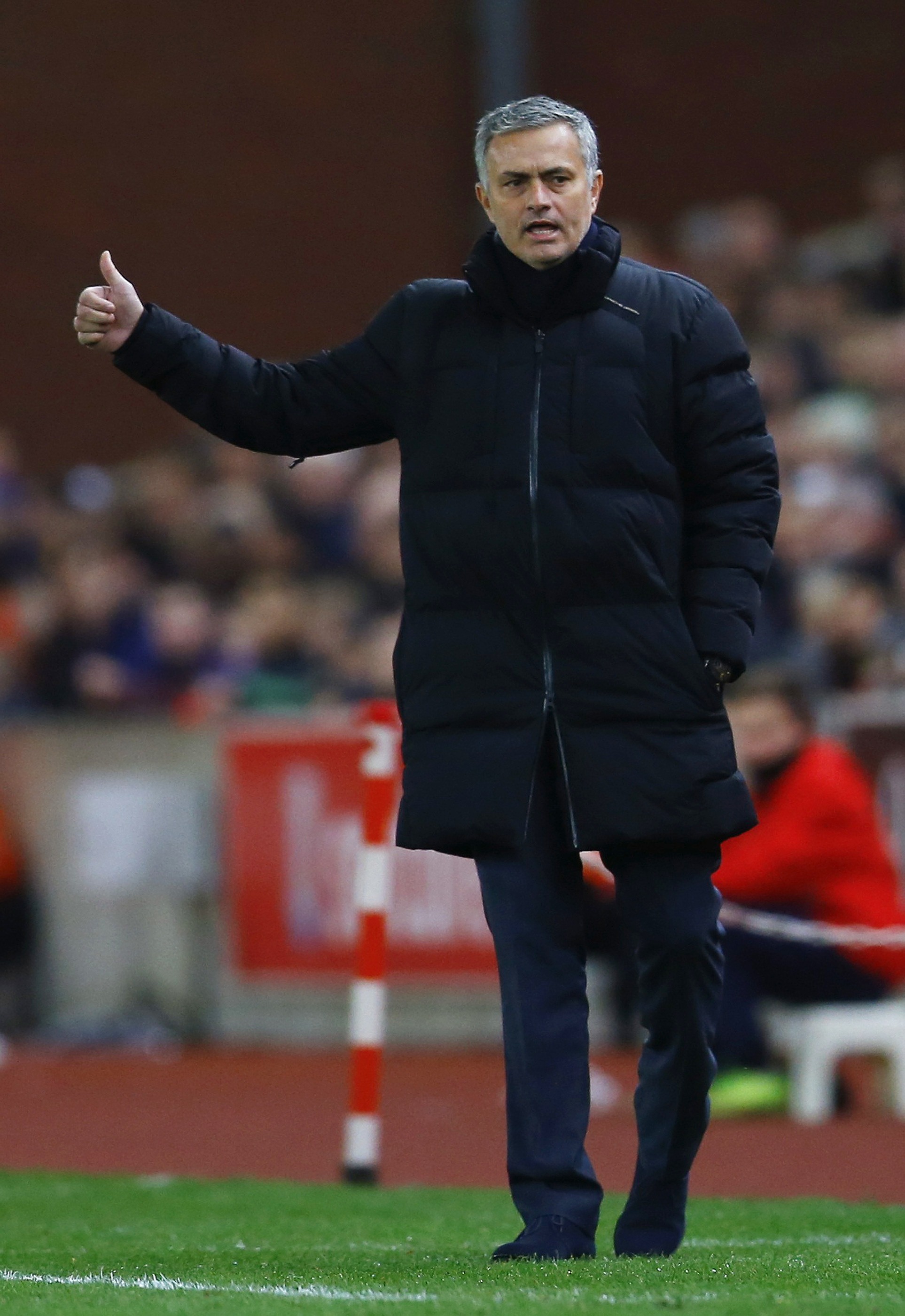 Chelsea manager Jose Mourinho reacts during their English Premier League soccer match against Stoke City at the Britannia Stadium in Stoke-on-Trent